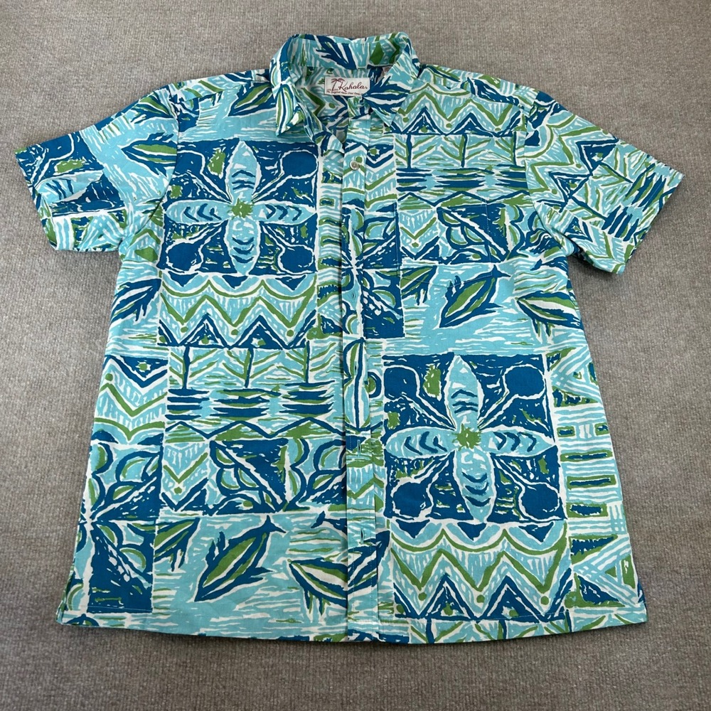 Kahala Mens Aloha Shirt Large Blue Green Geometric‎ Floral Cotton Hawaii Made L